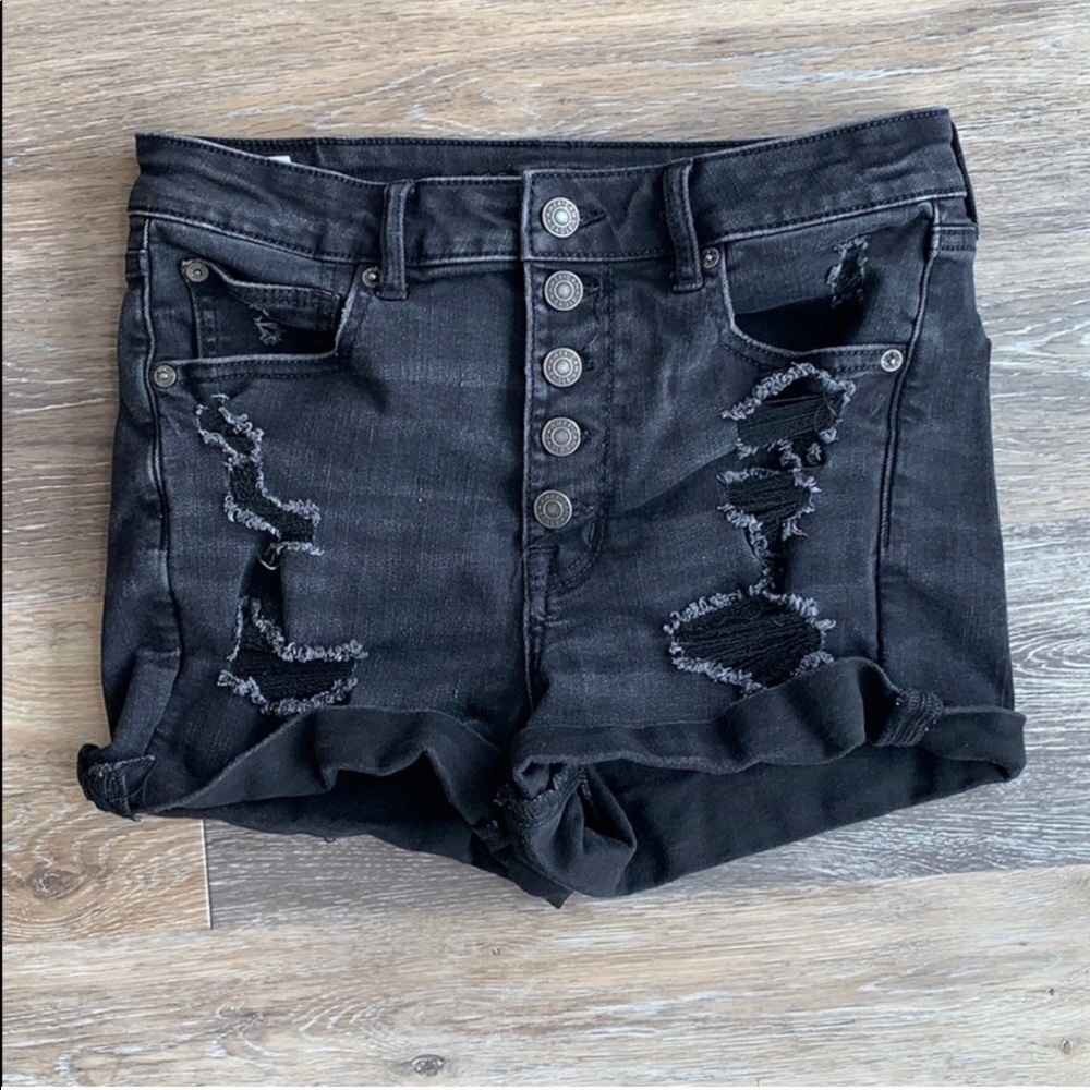 American Eagle Outfitters Black High-Waist Distressed Denim Shorts